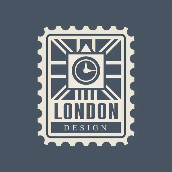 Carimbo postal da cidade de Londres com silhueta abstrato Big Ben e bandeira britânica no fundo. Arquitetura histórica. Ícone vetorial plano original na cor azul — Vetor de Stock