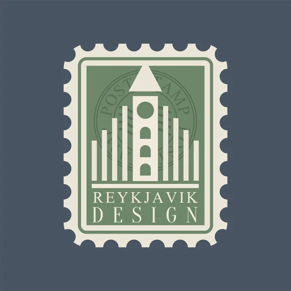 Carimbo postal com o marco famoso de Reykjavik - Hallgrimskirkja. Símbolo vetorial plano da maior igreja da Islândia. Arquitetura histórica. Conceito de viagem — Vetor de Stock