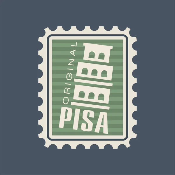 Carimbo postal original com torre Pisa. Monumento histórico, símbolo da cidade italiana. Atracção turística famosa. Conceito de viagem. Ícone vetorial plano na cor verde — Vetor de Stock