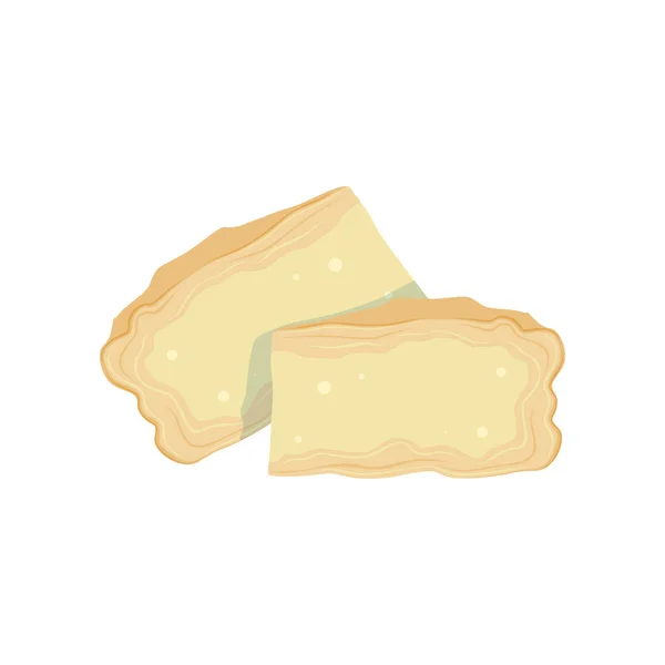 Twee stukken van zachte Brie kaas van koemelk s. Koken of gezond voedsel. Biologische zuivel product. Geïsoleerde platte vector design voor menu, boek of promo flyer — Stockvector
