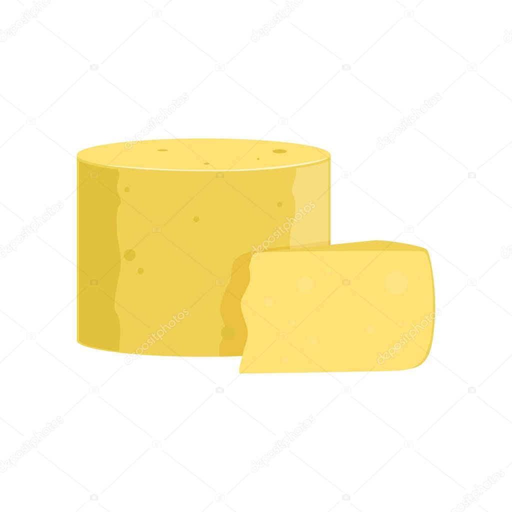 Delicious Parmesan cheese in rounded cylinder shape. Natural dairy product. Gourmet food. Isolated flat vector design for promo poster, banner or flyer