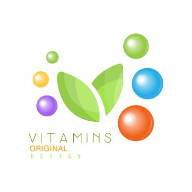 Vitaminler logo özgün tasarımı, eczane etiket, doğal tıp vektör çizim
