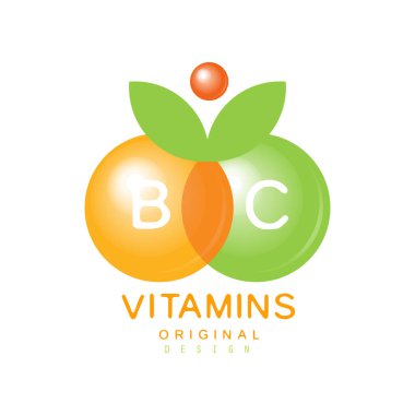 Vitamin B ve C logo şablonu özgün tasarımı, eczane etiket, doğal tıp vektör çizim