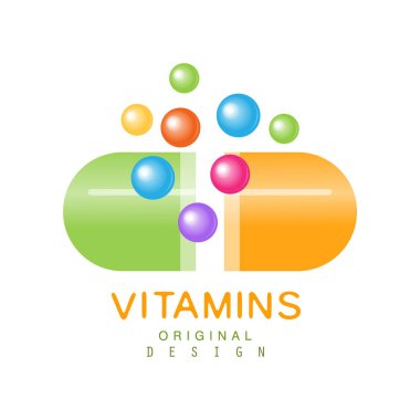 Vitaminler logo şablonu özgün tasarımı, eczane etiket, sağlık renkli vektör çizim