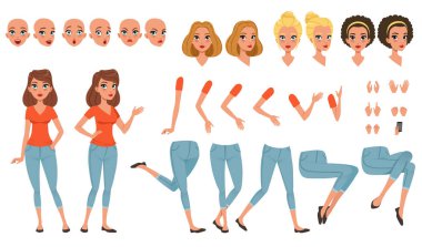 Genç kadın karakter oluşturma kümesi, çeşitli görünümler, yüz, saç modelleri, pozlar ve jestleri çizgi film kızla vektör çizimler