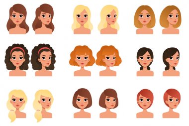 Değişik saç modelleri ve renk tonları uzun, kısa, orta, kıvırcık, sarışın, kırmızı, siyah, esmer güzel genç kızlar topluluğu. Mobil oyun için düz vektör avatarlar