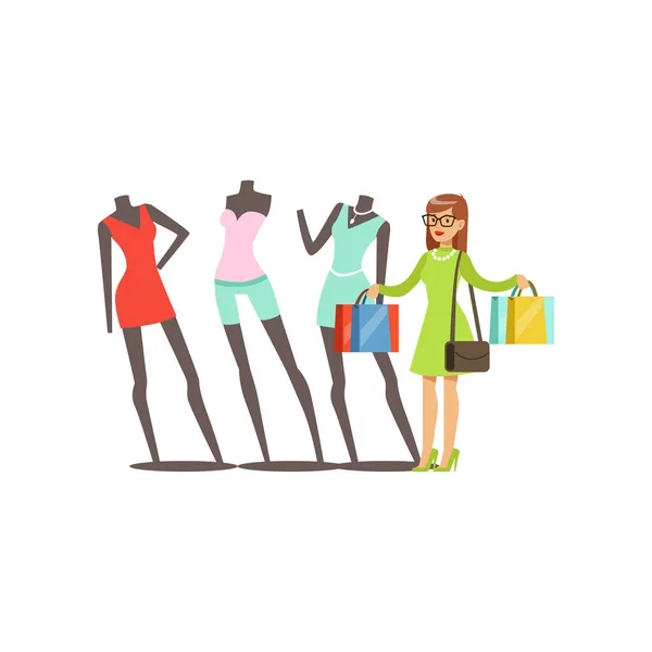 Jonge vrouw kleren op mannequins in een winkelcentrum vectorillustratie kiezen — Stockvector