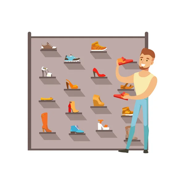 Hombre comprando zapatos en una tienda de zapatos, compras masculinas en un centro comercial ilustración de vectores de colores — Vector de stock