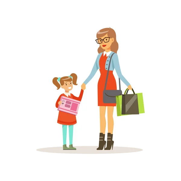 Mujer joven de compras con su hija en un centro comercial colorido vector ilustración — Vector de stock