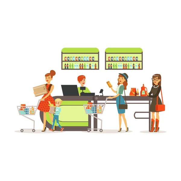Люди купують в супермаркеті, жінки платять покупки на касирському столі барвисті Векторні ілюстрації — стоковий вектор