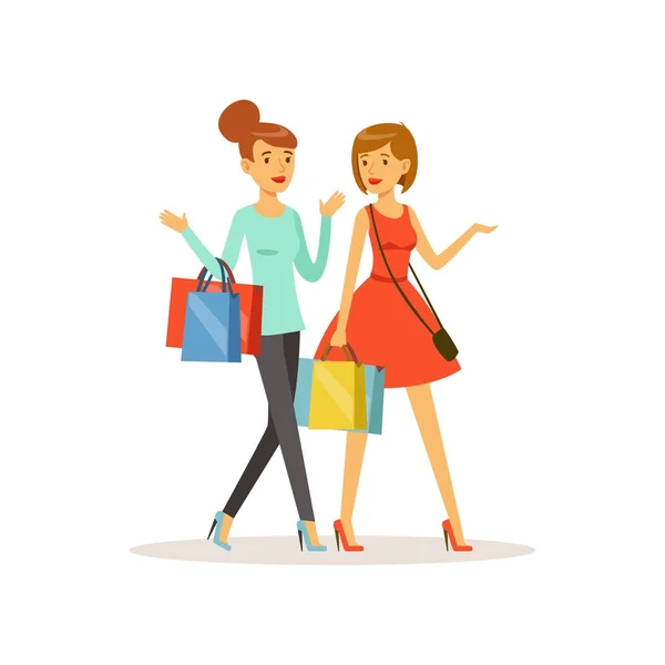 Jonge gelukkig vrouwen wandelen met boodschappentassen, meisje winkelen in een winkelcentrum kleurrijke vectorillustratie — Stockvector