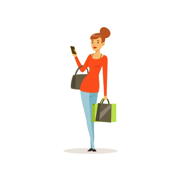 Mujer joven con bolsas de compras y teléfono, chica de compras en un centro comercial colorido vector ilustración — Vector de stock