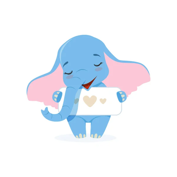 Lindo elefante bebé sosteniendo pancarta con corazones, divertido vector de carácter animal selva Ilustración — Vector de stock