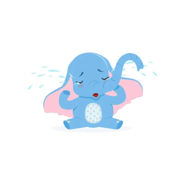 Bonito chateado bebê elefante sentado e chorando, engraçado selva animal personagem vetor Ilustração —  Vetores de Stock