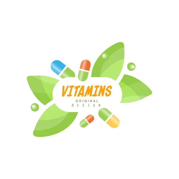 Vitamine Logo ursprüngliches Design, pflanzliches Präparat, Naturmedizin bunte Vektorillustration — Stockvektor