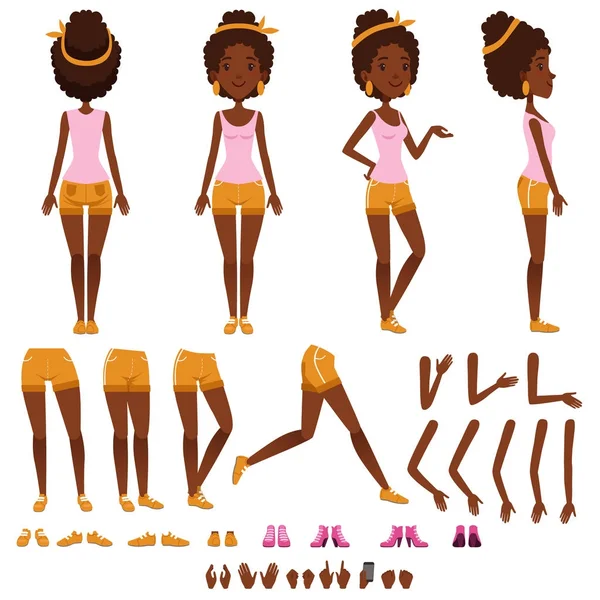 アフロ アメリカンの若い女性キャラクター作成セット、さまざまなビュー、髪型、靴、ポーズやジェスチャー、少女漫画のベクトル イラスト — ストックベクタ