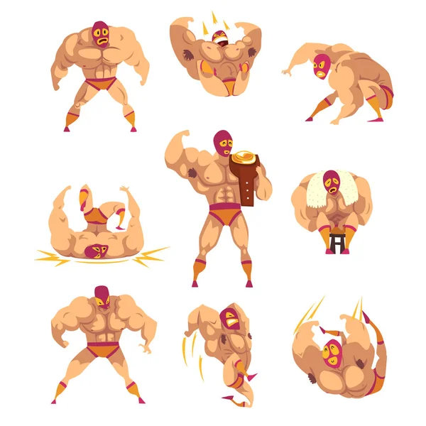 Conjunto de luchador muscular profesional en diferentes acciones. Artista marcial mixto. Deporte de combate. Hombre fuerte personaje en la máscara y pantalones cortos deportivos. Diseño de vector plano — Vector de stock