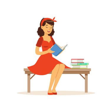 Bir bankta oturan ve gönüllülük a kitap, retro tarzı vektör çizim giyinmiş kız Kırmızı elbiseli güzel genç kadın