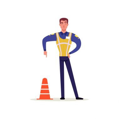 Trafik polisi ile ayakta ve el hareketi işaret parmağı aşağı, polis karakter ile iş vektörünü resimde gösterilen yüksek görünürlük yelek üniformalı memur