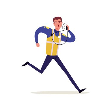 Trafik polisi yüksek görünürlük ile üniformalı memur yelek onun radyoda konuşuyor ve çalışan, iş yerinde polis karakter vektör çizim