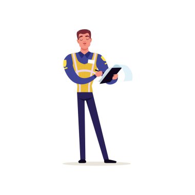 Trafik polisi ile yüksek görünürlük yelek heybetli bir trafik cezası, iş vektör çizim karakterde polis üniformalı memur