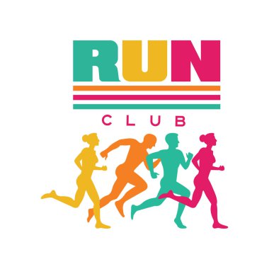 Koş Spor Kulübü logosu şablonu, soyut çalışan insanlar siluetleri ile amblemi, Spor Kulübü, spor turnuva, yarışma için renkli etiket, maraton ve sağlıklı yaşam tarzı illüstrasyon vektör