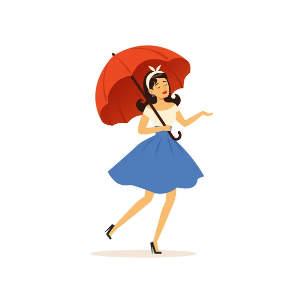 Mooie jonge vrouw lopen met rode paraplu, meisje gekleed in retro stijl vector illustratie — Stockvector