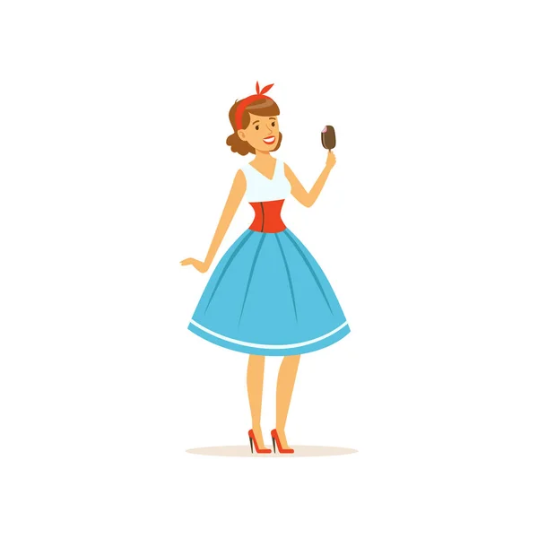 Mooie jonge vrouw eten een zoete popsicle, meisje gekleed in retro stijl vector illustratie — Stockvector