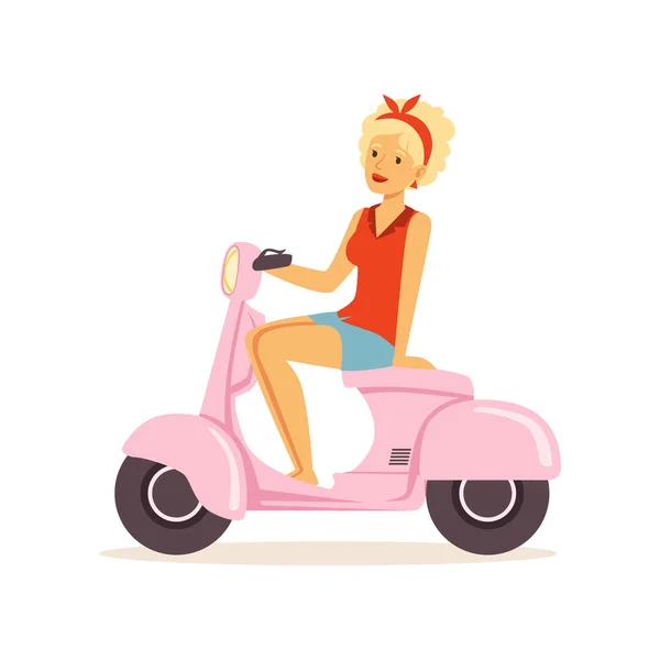 Красива молода жінка верхи старовинний скутер, дівчина, одягнена в ретро-стиль Векторні ілюстрації — стоковий вектор