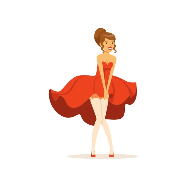 Piękna młoda kobieta z fruwające czerwona sukienka, Dziewczyna ubrana w stylu retro wektor ilustracja — Wektor stockowy