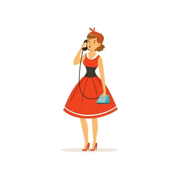 Mooie jonge vrouw praten over vintage telefoon, meisje gekleed in retro stijl vector illustratie — Stockvector