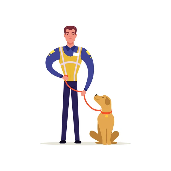 Trafik polisi ile hizmet köpek, iş vektör çizim karakterde polis ayakta yüksek görünürlük yelek ile üniformalı memur — Stok Vektör