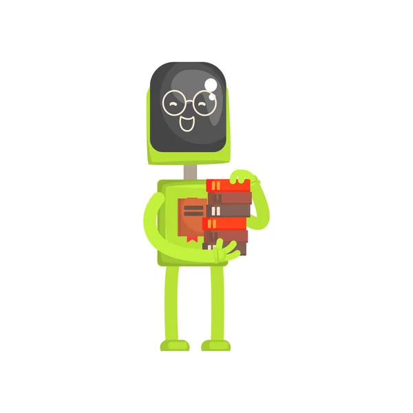 Robot personnage bibliothécaire, androïde avec livre dans ses mains illustration vectorielle de dessin animé — Image vectorielle