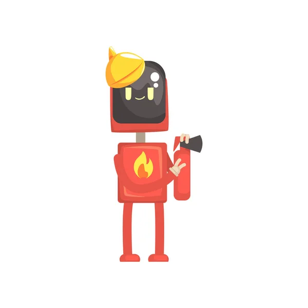 Robot personaje bombero, androide en uniforme rojo celebración extinguir en sus manos ilustración vector de dibujos animados — Vector de stock