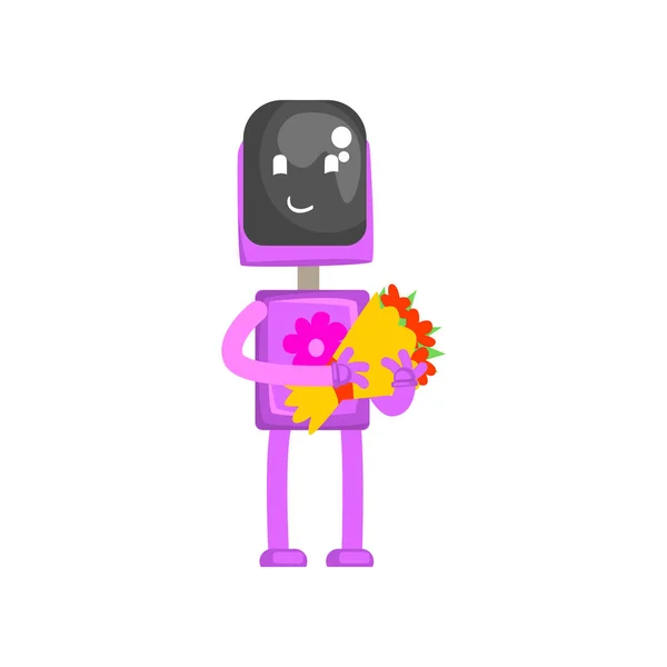 ピンクの花束の手、android 花屋または宅配便漫画のベクトル図とロボットのキャラクター — ストックベクタ