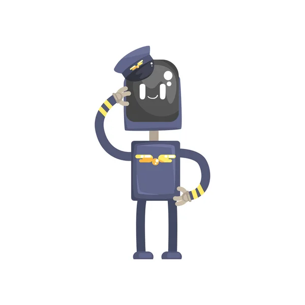 Robot pilote personnage, androïde en uniforme bleu et chapeau dessin animé vectoriel illustration — Image vectorielle