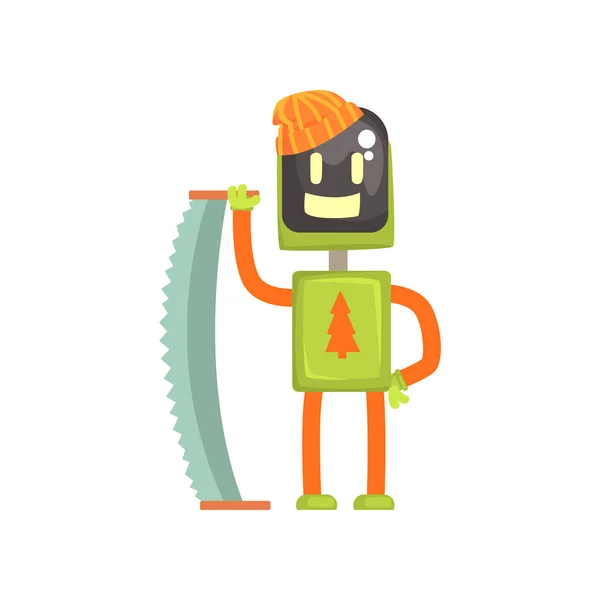 Robot lumberjack character, android with saw in its hands cartoon vector illustration — Stock Vector