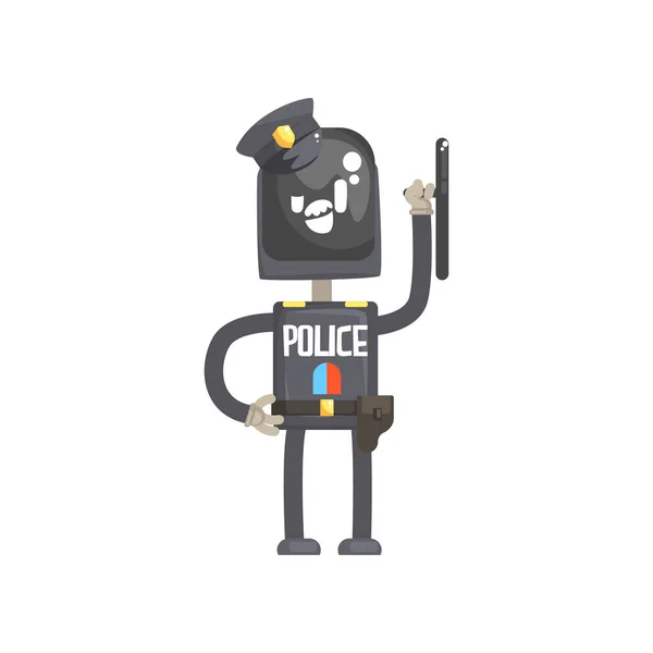Robot policeman character, android in blue uniform with equipment cartoon vector illustration — Stock Vector