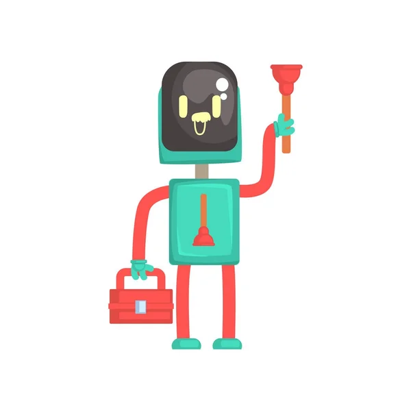 Personaje fontanero robot, caja de herramientas de retención androide e ilustración del vector de dibujos animados del émbolo — Archivo Imágenes Vectoriales