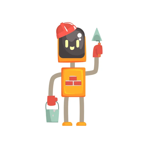 Robot buider personnage, android debout avec truelle et seau dessin animé vectoriel illustration — Image vectorielle