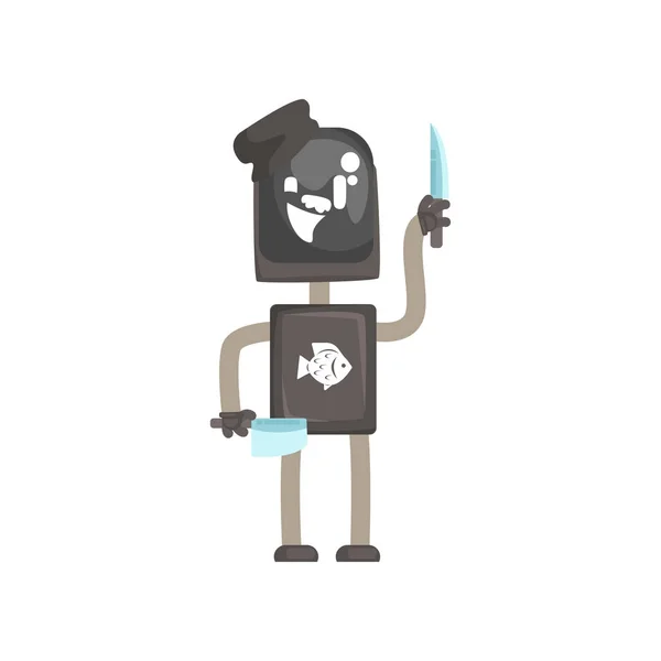 Robota pracovní charakter, android s noži na řezání ryb kreslené vektorové ilustrace — Stockový vektor