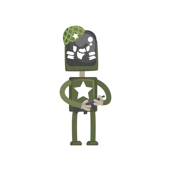 Robot carácter militar, androide en uniforme verde de pie con la máquina automática en sus manos ilustración vector de dibujos animados — Archivo Imágenes Vectoriales