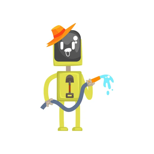 Robot personnage de jardinier, androïde debout avec tuyau d'arrosage dans ses mains illustration vectorielle de dessin animé — Image vectorielle