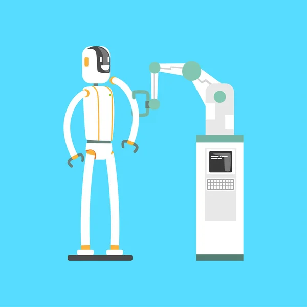 Mechaniczne ramię i robot, roboty ramię działa na ilustracji wektorowych kreskówka laboratorium — Wektor stockowy