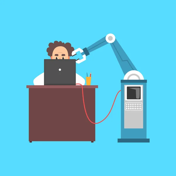 Male scientist cartoon character working with computer and robotic arm in a laboratory cartoon vector illustration — Stock Vector