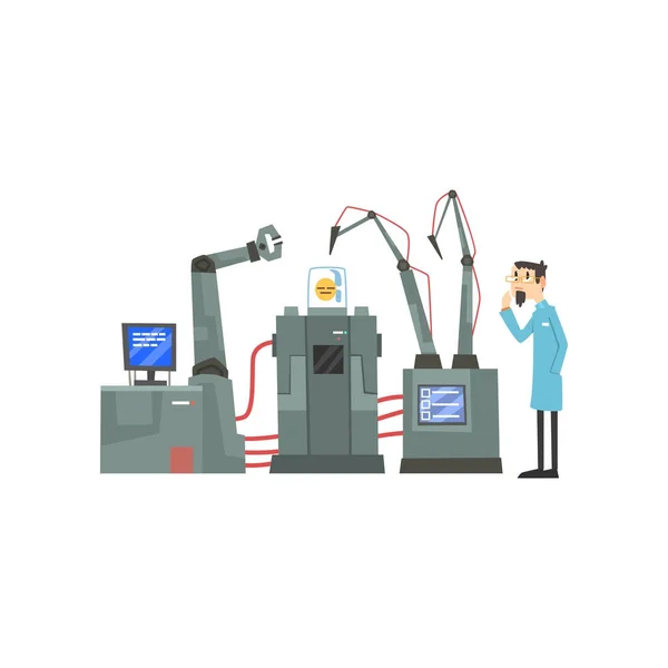 Hombre científico personaje y brazos robóticos trabajando en el vector de dibujos animados de laboratorio Ilustración — Archivo Imágenes Vectoriales