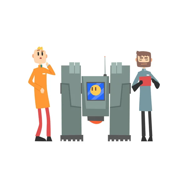 男性科学家使用机器人, 人工智能技术概念卡通矢量插图 — 图库矢量图片