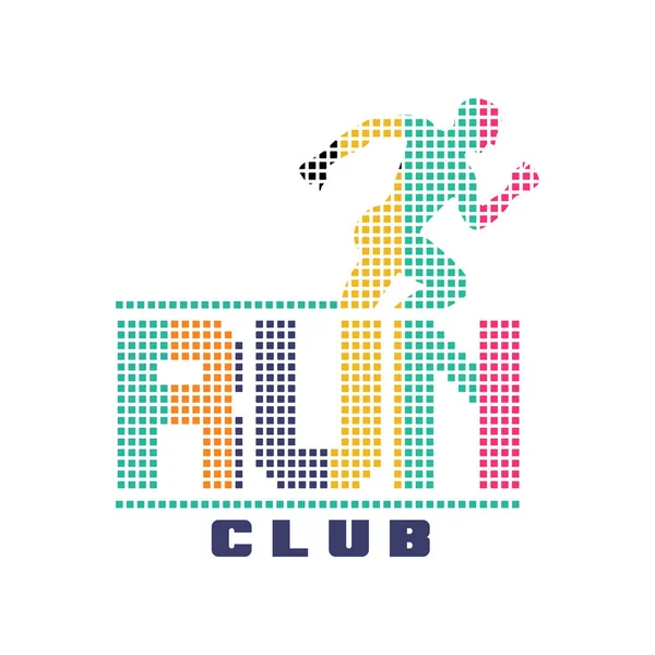 Jalankan logo klub, lambang dengan siluet pria berjalan abstrak, label untuk klub olahraga, turnamen olahraga, kompetisi, maraton dan gambar vektor gaya hidup sehat - Stok Vektor