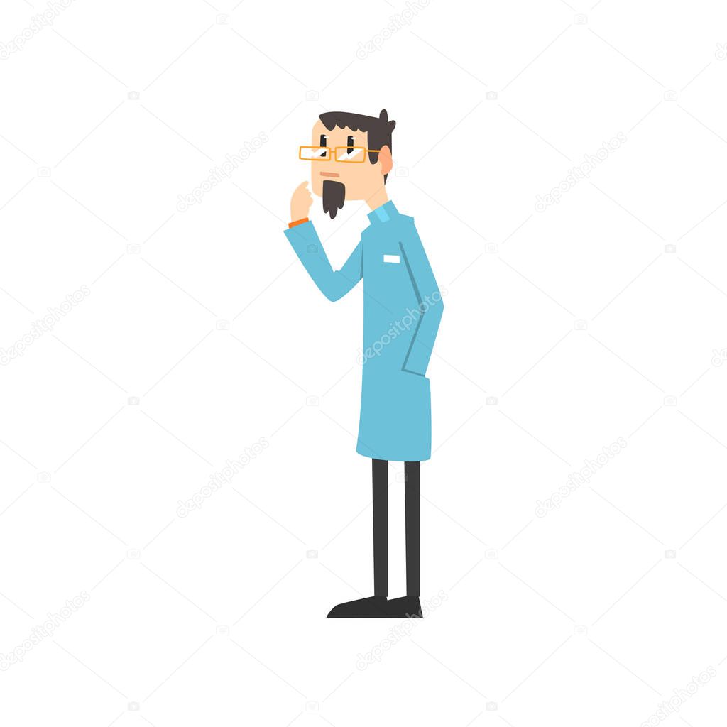 Scientist, doctor, engineer or astrophysicist cartoon character, man of science vector Illustration