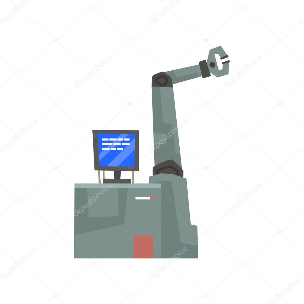 Robotic arm and monitor screen, industrial machine, robotic engineering concept cartoon vector illustration